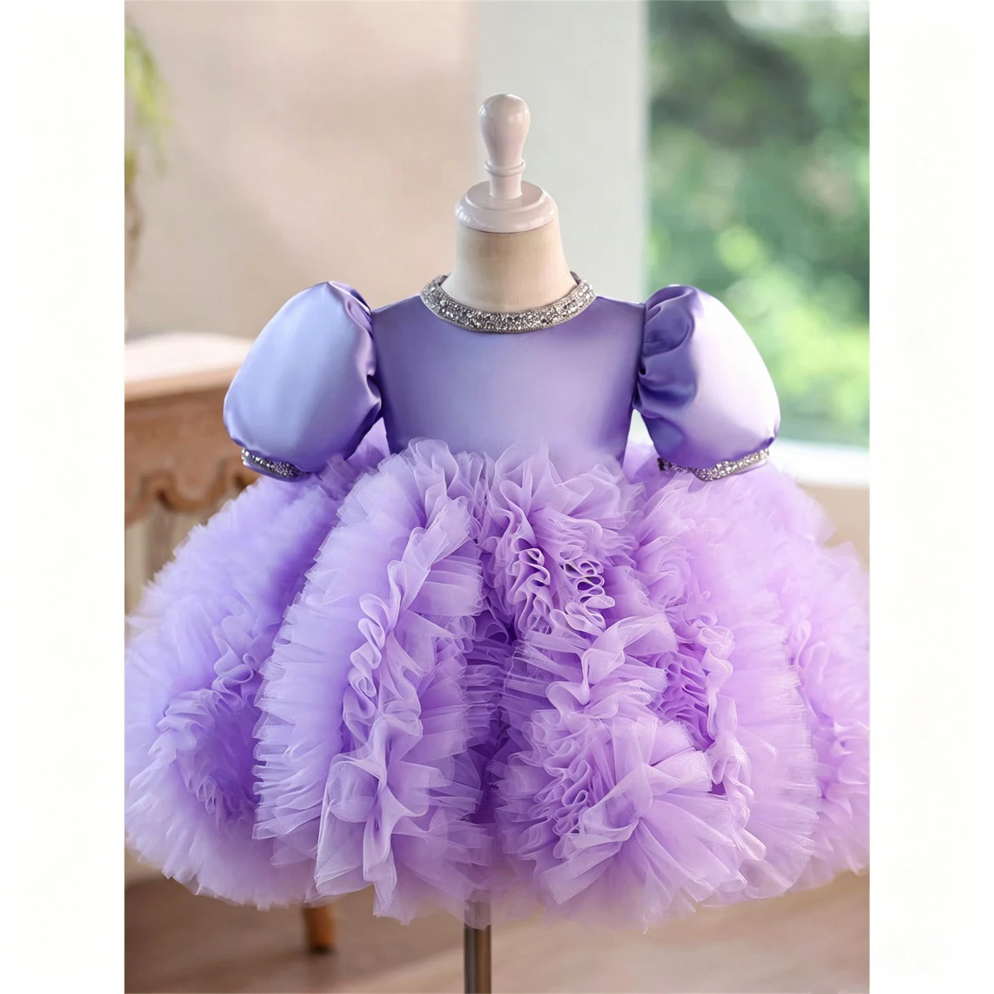 Jill Wish J915 Luxury Lavender Flower Girl Dress Puff Sleeve Tulle Ruffle Princess Gown with Detachable Cape Long Train Wedding