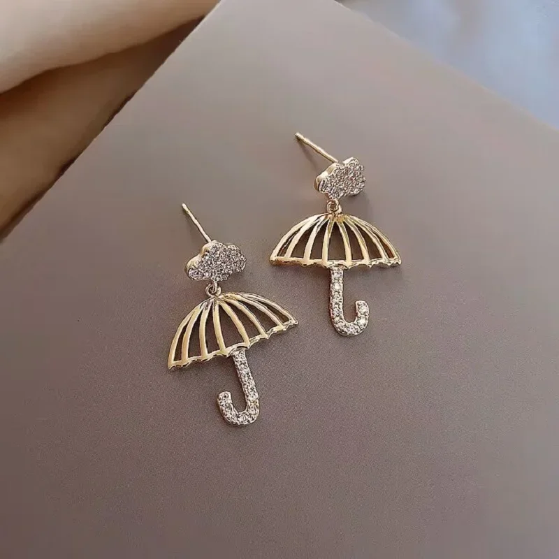 Cute Inlaid Zircon Small Umbrella Stud Earrings for Women 925 Sterling Silver Fashion Simple Jewelry