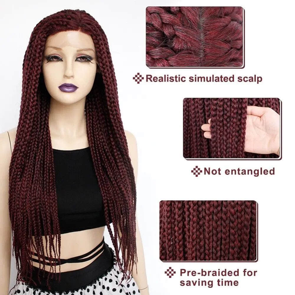 Long Box Braided  Synthetic Lace Front  Burgundy Heat Temperature Wig