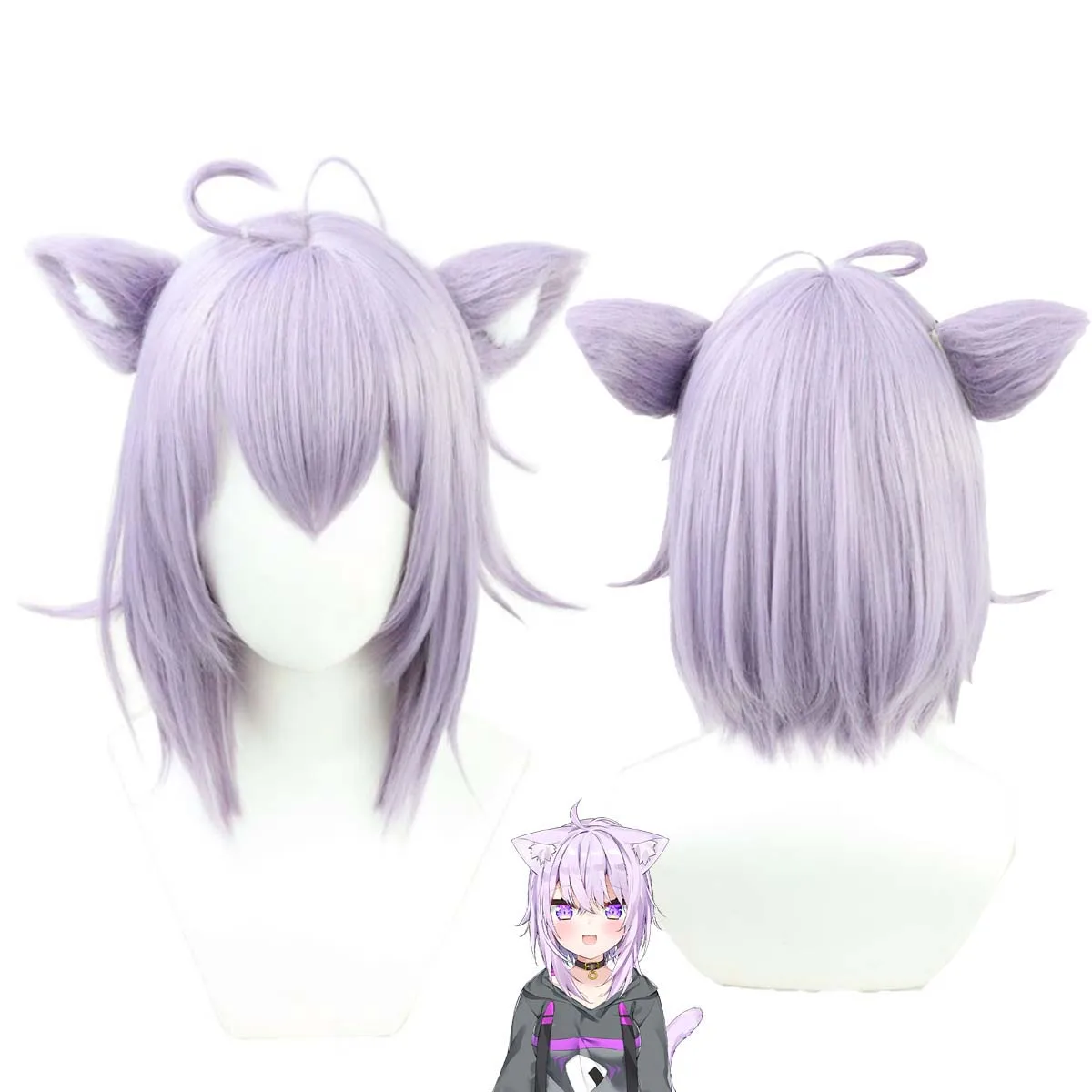

Аниме Vtuber Косплей Nekomata Okayu Фиолетовые термостойкие парики из синтетических волос с ушками