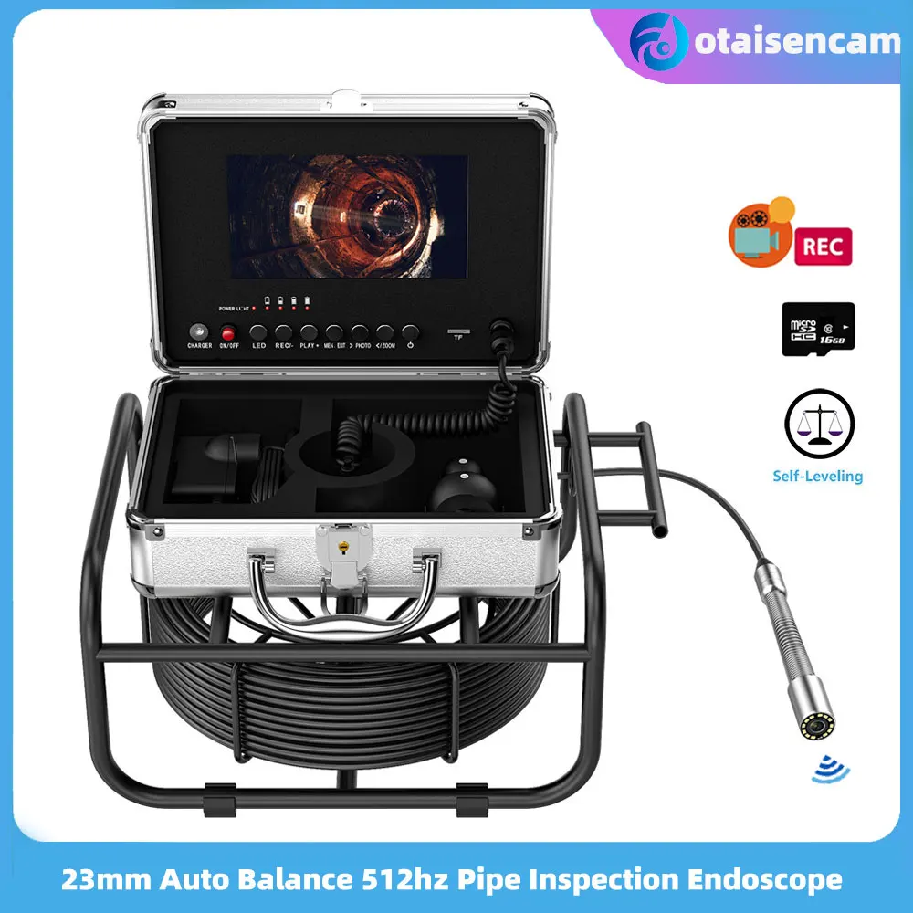 

23mm 512hz Auto Self Balance Sewer Pipe Inspection Camera Industrial Video Endoscope 7" AHD Screen DVR 16GB TF Card 5mm Cable