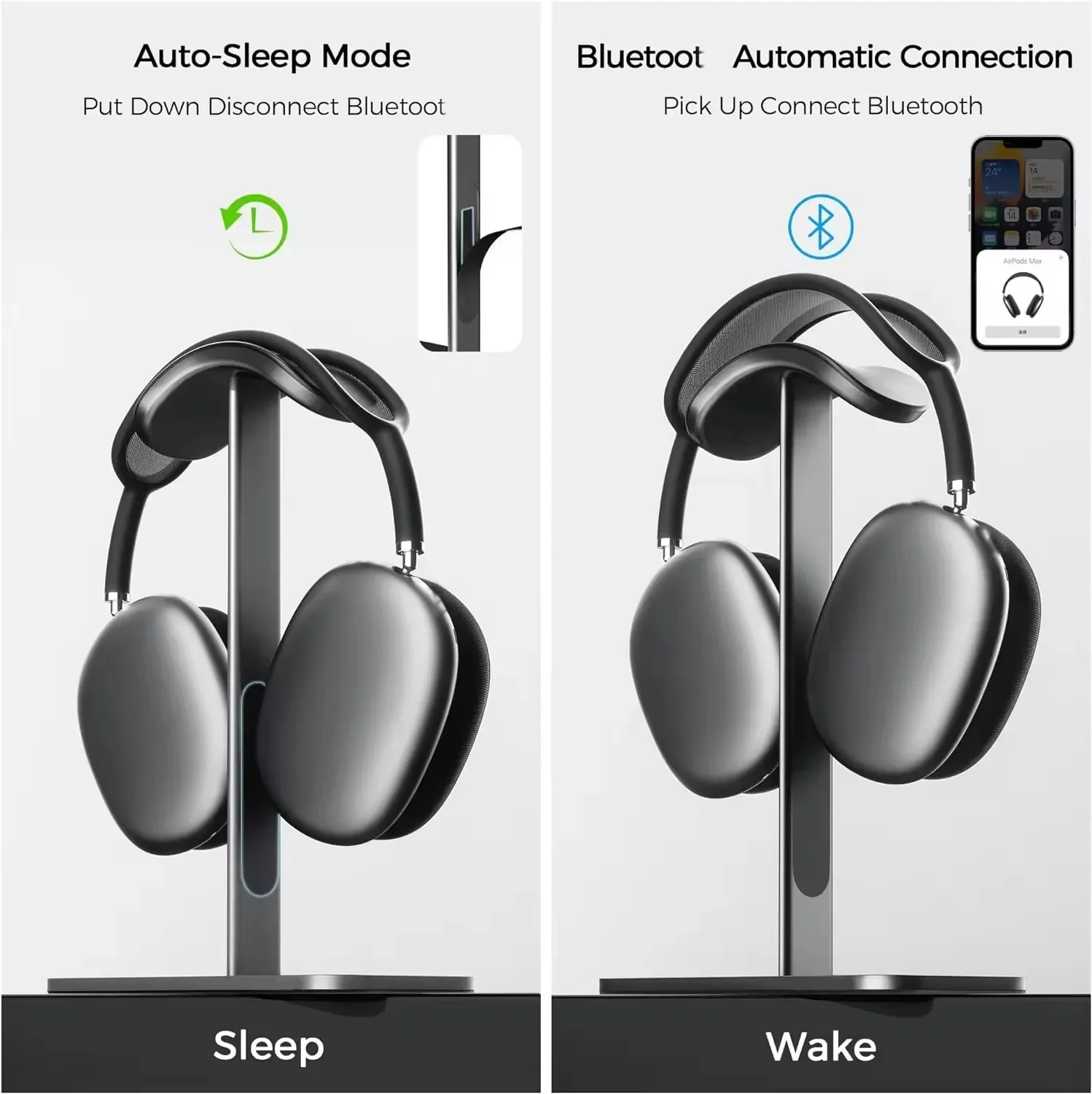 Aluminum Alloy Headphone Stand Detachable Auto-sleep Headset Holder Display Shelf for Airpods Max with Anti-Slip Silicone Pad