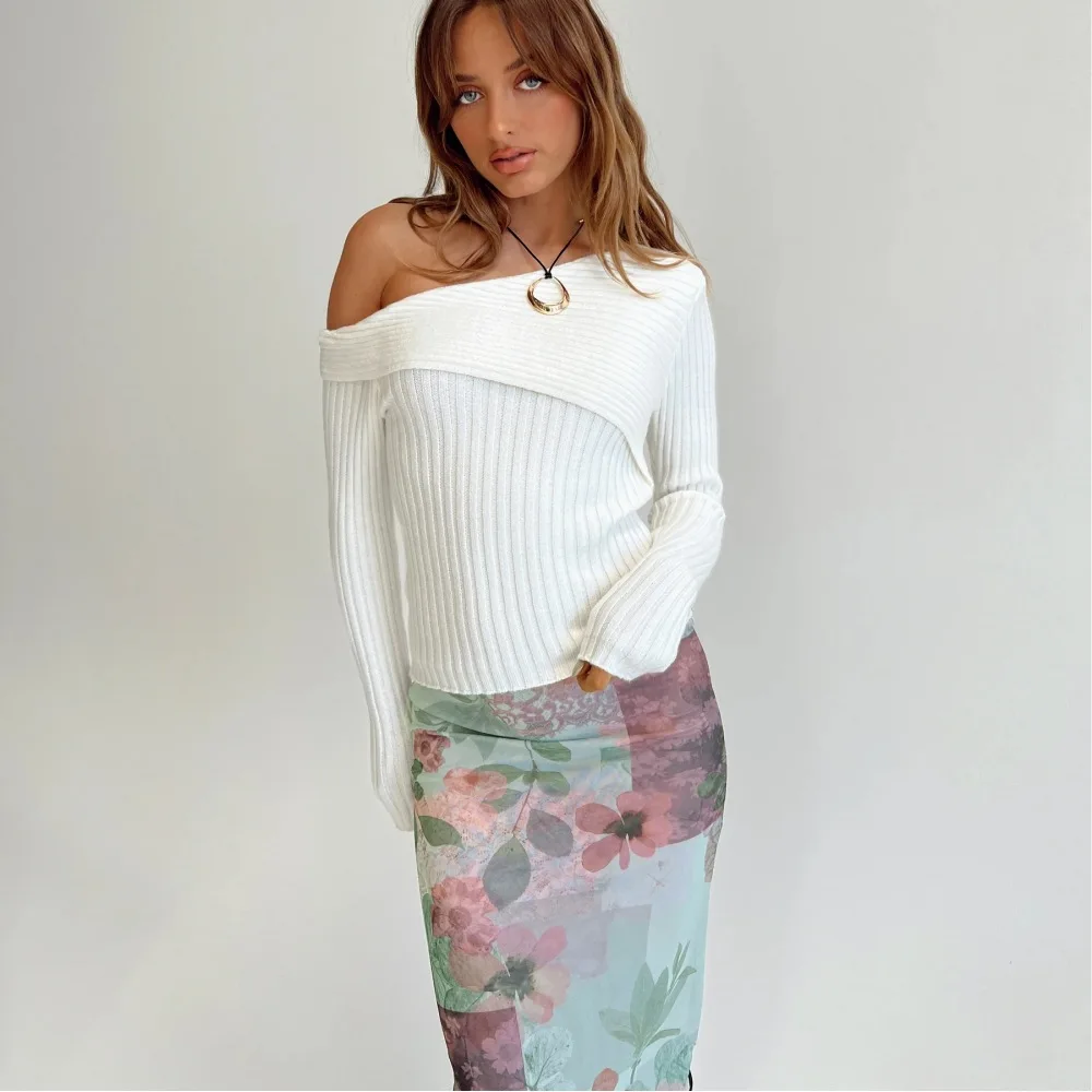 أفضل بائع لخريف وشتاء على الطراز الغربي سترة فرنسية مثيرة بقصة ضيقة - غير متماثلة خارج الكتف بياقة بيتر بان مضلعة صلبة طويلة- #1