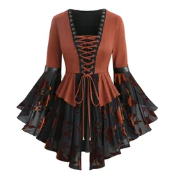 ROSEGAL Plus Size Women's Jacquard Grommets T-shirt Lace Trim Square Neck Lace-up Flare Sleeves Patchwork Tops Autumn Winter Tee