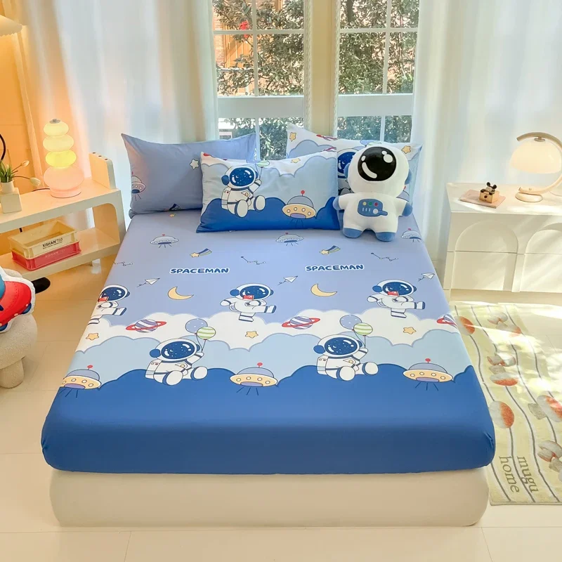 Cartoon Astronaut Printed Fitted Sheet Set with Elastic Band Soft Cotton Mattress Cover Anti-slip Bed Covers 3Pcs Bedding Set