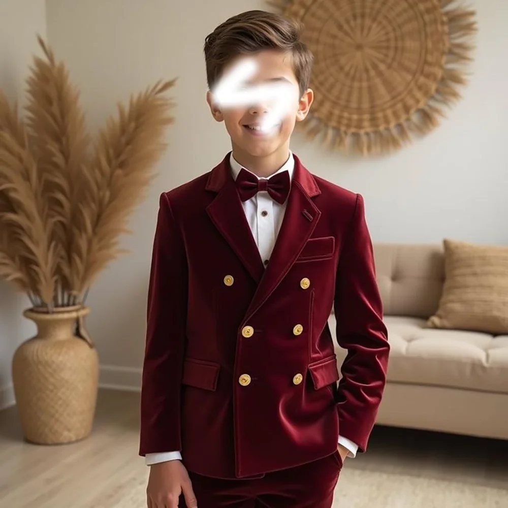 

Red Velvet Double Breasted Peaked Lapel Boys Suits 2 Pcs (Blazer+Pants) Fashion Boys Sets Formal Occasions Birthday Party Sets