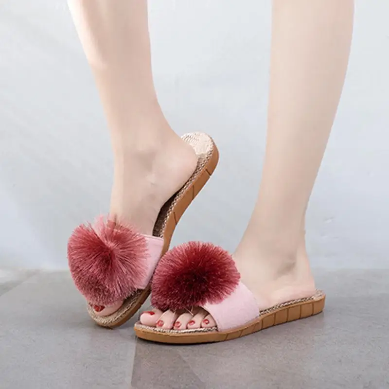 Linen Platform Slippers Women Home Hairball Designer Shoes Girls Fashion Casual House Elegant Slippers Flats Open Toe Indoor