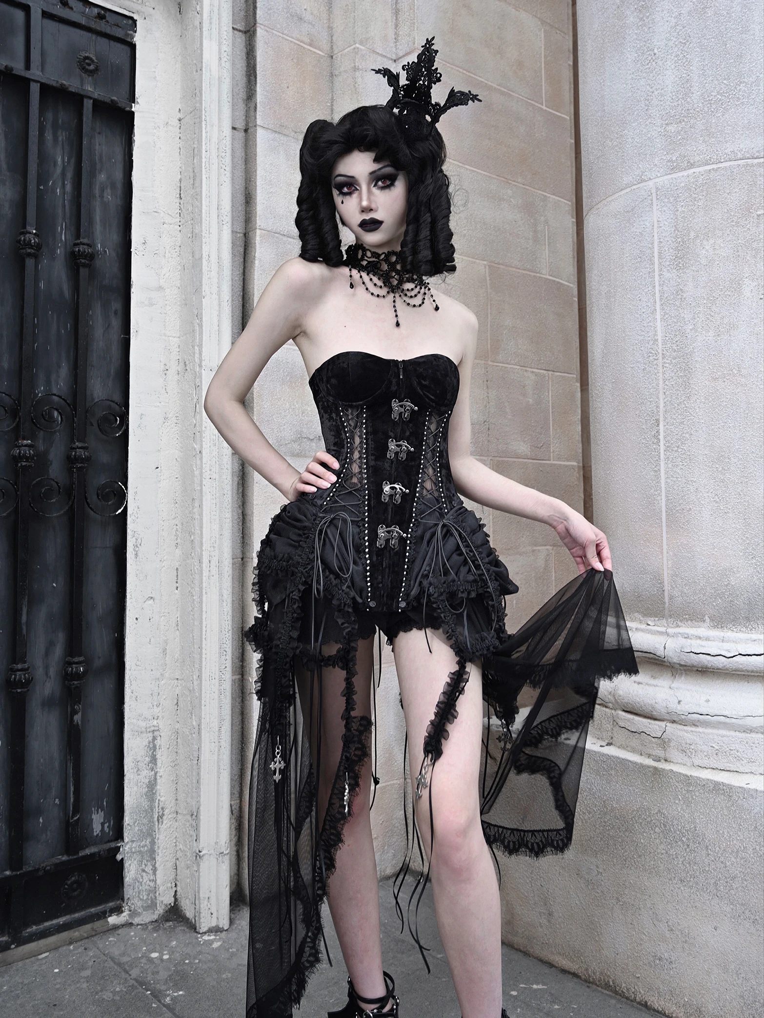 Ensemble de corset gothique noir nickel é pour femmes, approvisionnement en sang, bandage en arête de poisson, cage à oiseaux, bustier tubulaire,