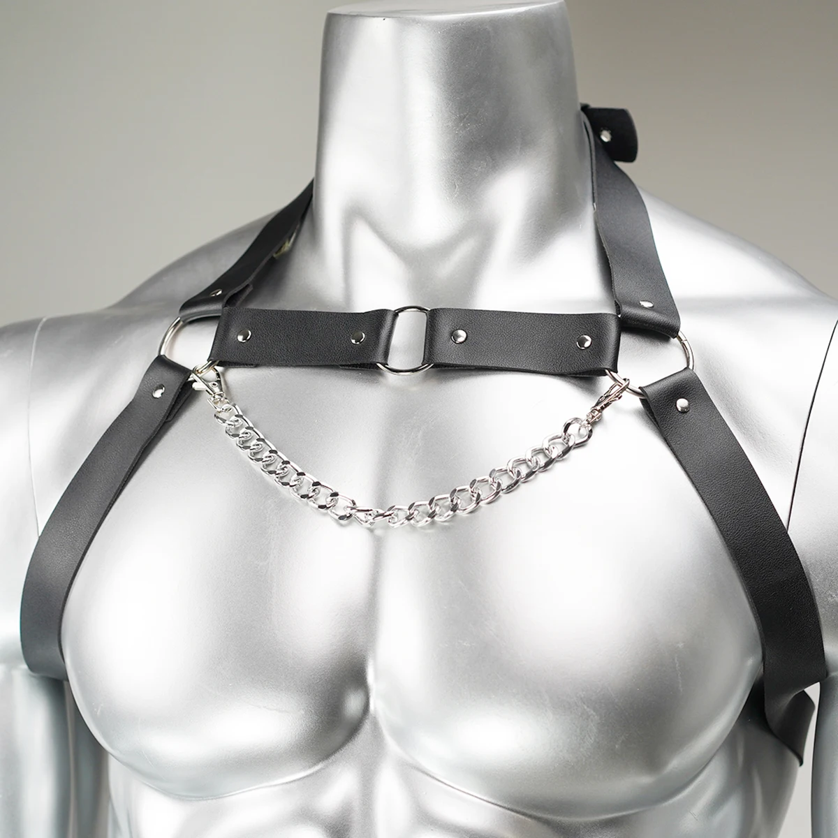 

Men's Leather Chest Harness with chain ，sexy Men's Leather Bondage Strap，Festival Club Wear body chain harness for men