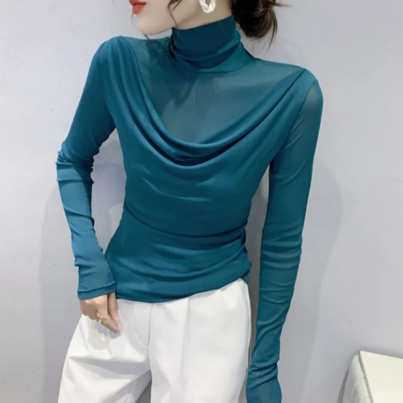 #8412 Spring Autumn Turtleneck T Shirt Women Solid Color Skinny Women\'s T-shirt Mesh Sleeve False Two Piece T Shirt Korean Style