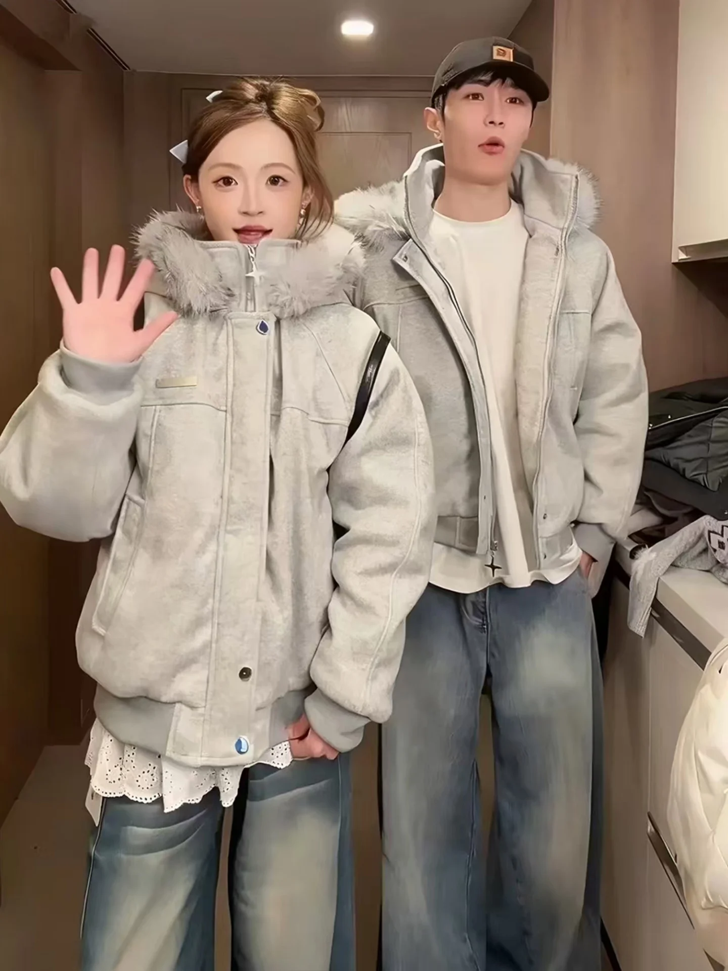 

Зимнее утепленное шерстяное пальто с меховым воротником и вставками, унисекс, в американском стиле, с капюшоном, хлопковая куртка для повседневной носки