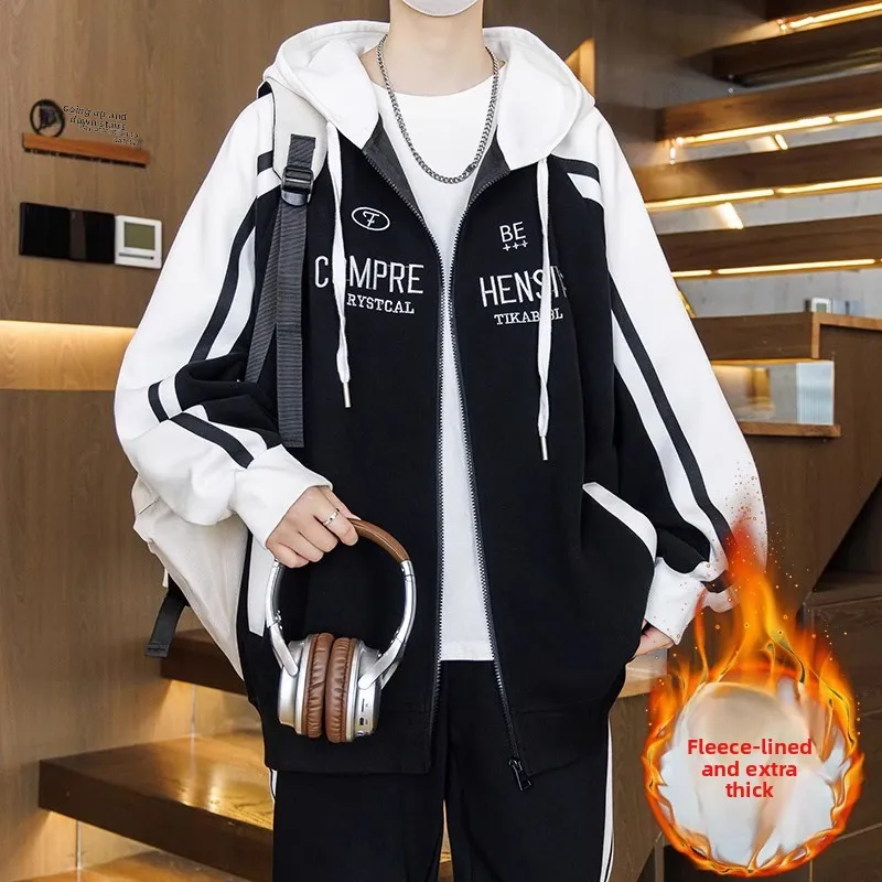 

New 2025 Fce Lined Hoodie Jaet for Boys Teens Warm Thiened Casual Wear Polyester Inner Long Sve Zipper Closure Coat