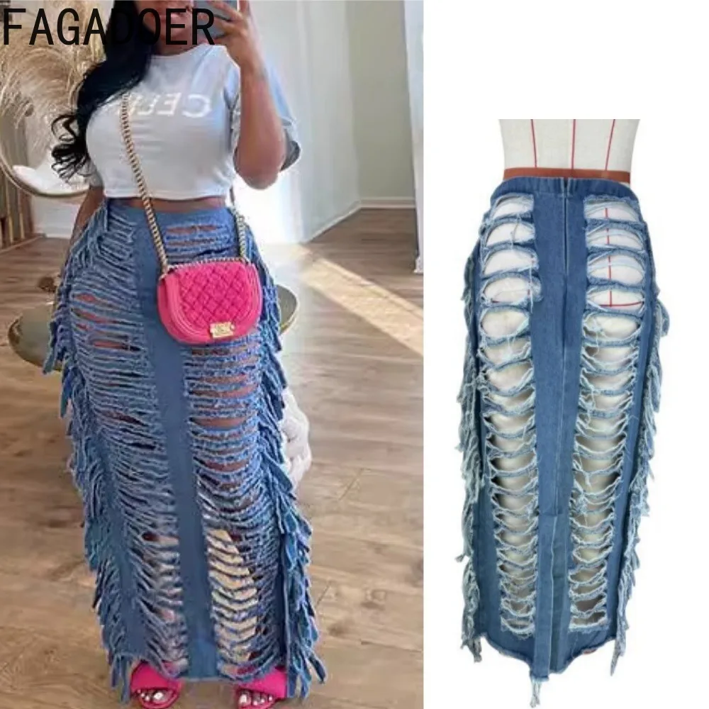 

FAGADOER Tassel Hollow Sexy Denim Skirt Women Y2K Streetwear Fashion Ripped Out High Waist Jean Long Skirts Autumn New Vestidos