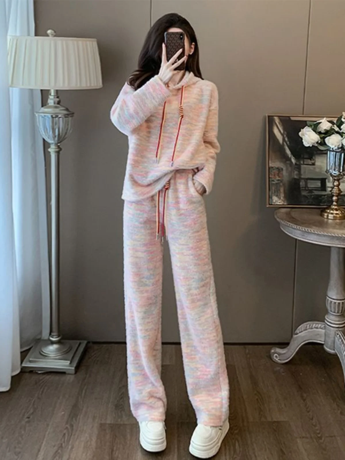 

Laid-back Hong Kong Style Women's Set Thickened Hoodie Wide Leg Pants Fashionable Two-piece Spring Autumn Winter New Arrival
