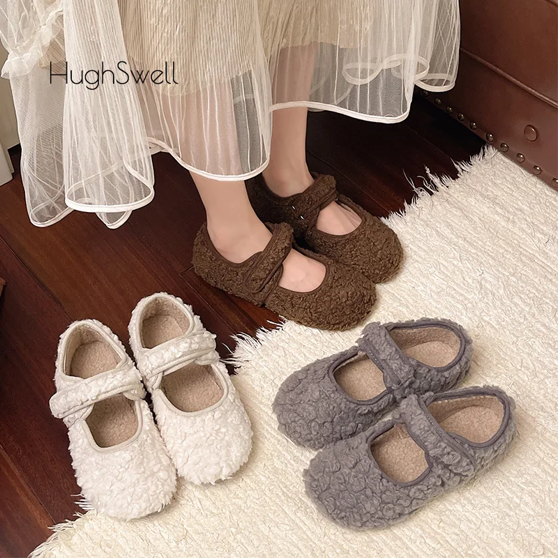 

Round Toe Thick Wool Ballet Flats Woman Winter Warm Plush Mary Jane Shoes Ladies Brand Design Lambswool White Grey Dress Shoes