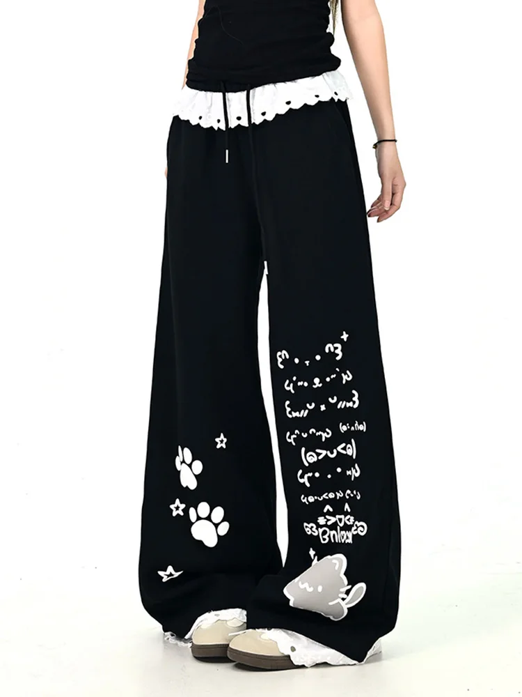 Japon doux Kawaii pantalon femmes dentelle Patchwork taille haute dessin animé jambe large pantalon Vintage mignon Preppy Style automne hiver pantalon nouveau