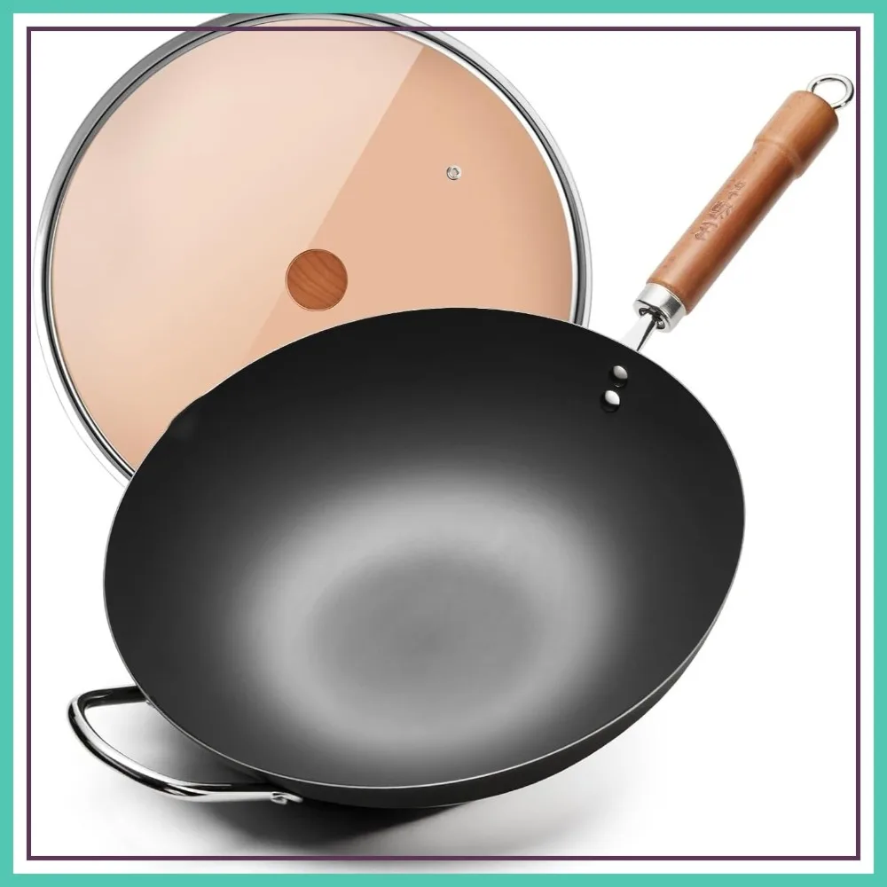 

12.6 Inch Carbon Steel Wok with Lid, Flat Bottom Stir Fry Pan, Uncoated, Wooden Handle, for Gas, Electric, Induction & Ceramic Stoves