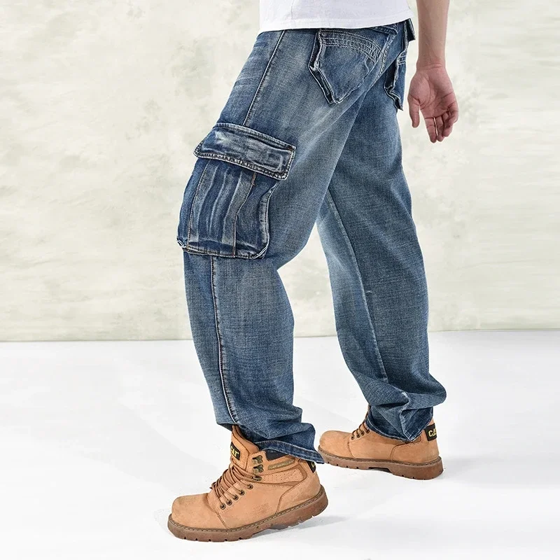 Plus Size 30-46 Men Cargo Multi-pocket Jeans Casual Fashion Cotton Loose Stretch Long Denim Military Pants Hip Hop