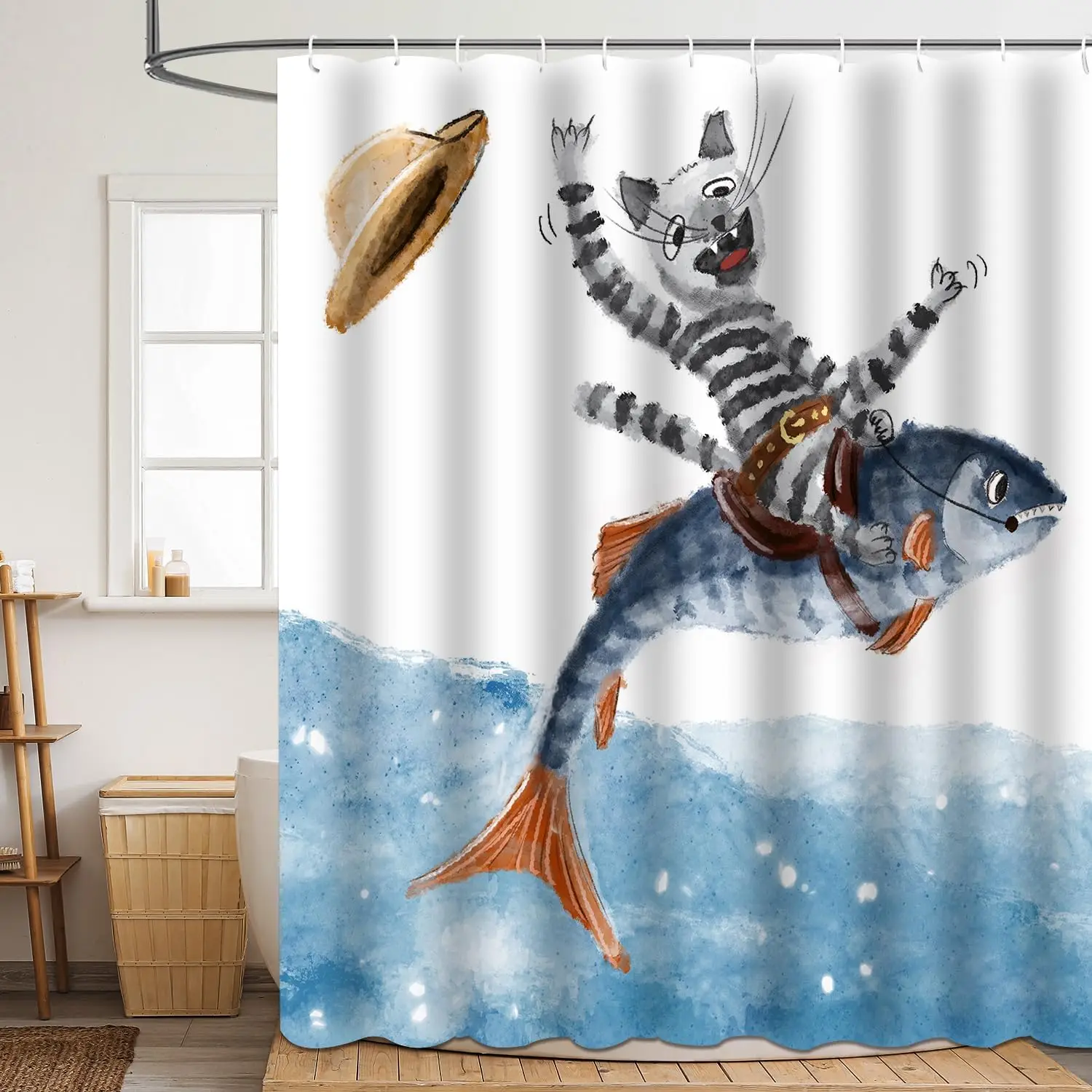 

Funny Cowboy Cat Riding Fish Shower Curtain, Watercolor Blue Ocean Print, Waterproof Fabric Bathroom Curtain for Kids Bath Decor