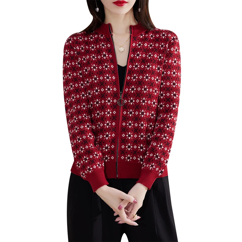 Autumn Winter Women 100% Cotton Color Block Jacquard Sweater O-neck  Cardigan Top New Outerwear Knit Zipper Warm Jacket