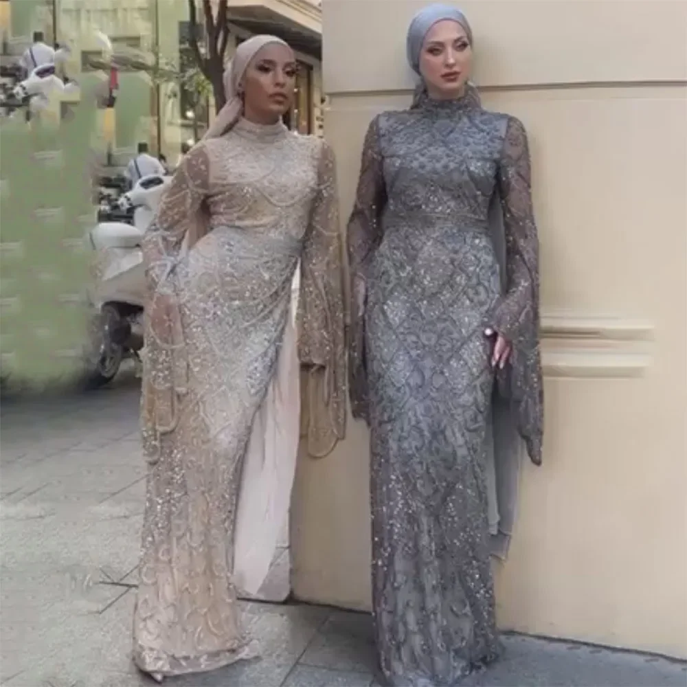 SERENE HILL Customized Gray Luxury Beaded Mermaid Evening Dress 2025 Flared Sleeves Modest For Muslim Women Party Gown CLA72316