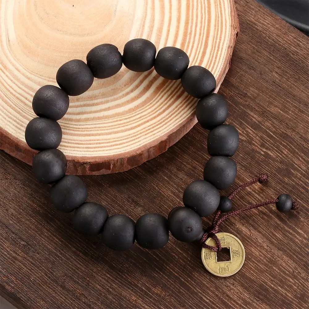 New Lucky Religion Buddha Bracelet Prayer Beads Wood Bead Bangle Copper Coin