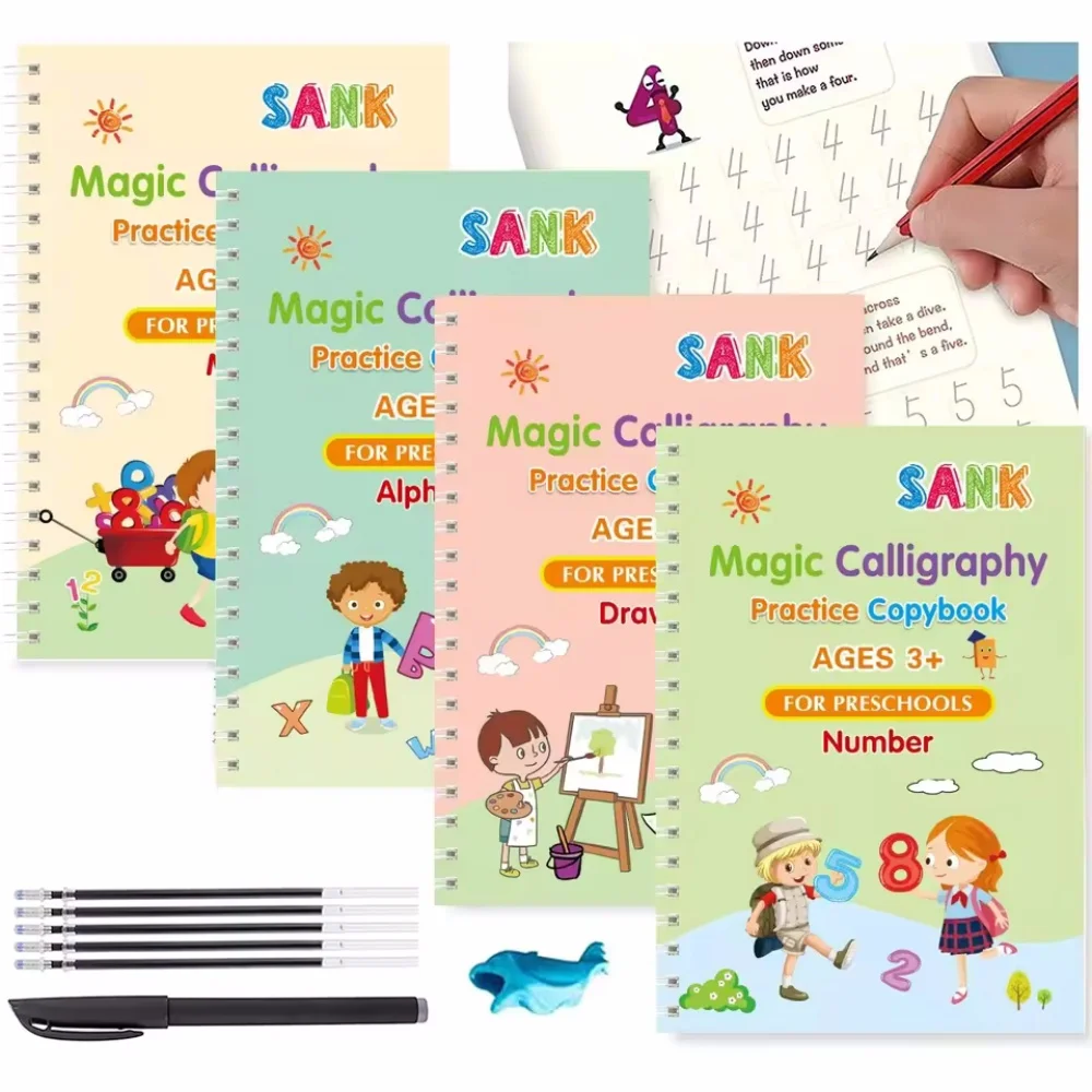 4 Magic Copybooks Children's Toy Writing Reusable Free Wiping English Maths Drawing Children's Toy Writing Practice Copy Book