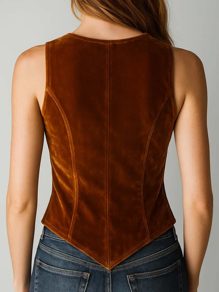Retro Lace Patchwork Velvet Vest Women Vintage Caramel Crop Jacket Casual Single Breasted Sleeveless Streetwear Outfits
