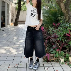 High Waist Black Retro Washed Denim Shorts Women's Harajuku Vintage Fashion Casual Loose Y2K Streetwear Mid Long Wide Leg Pants