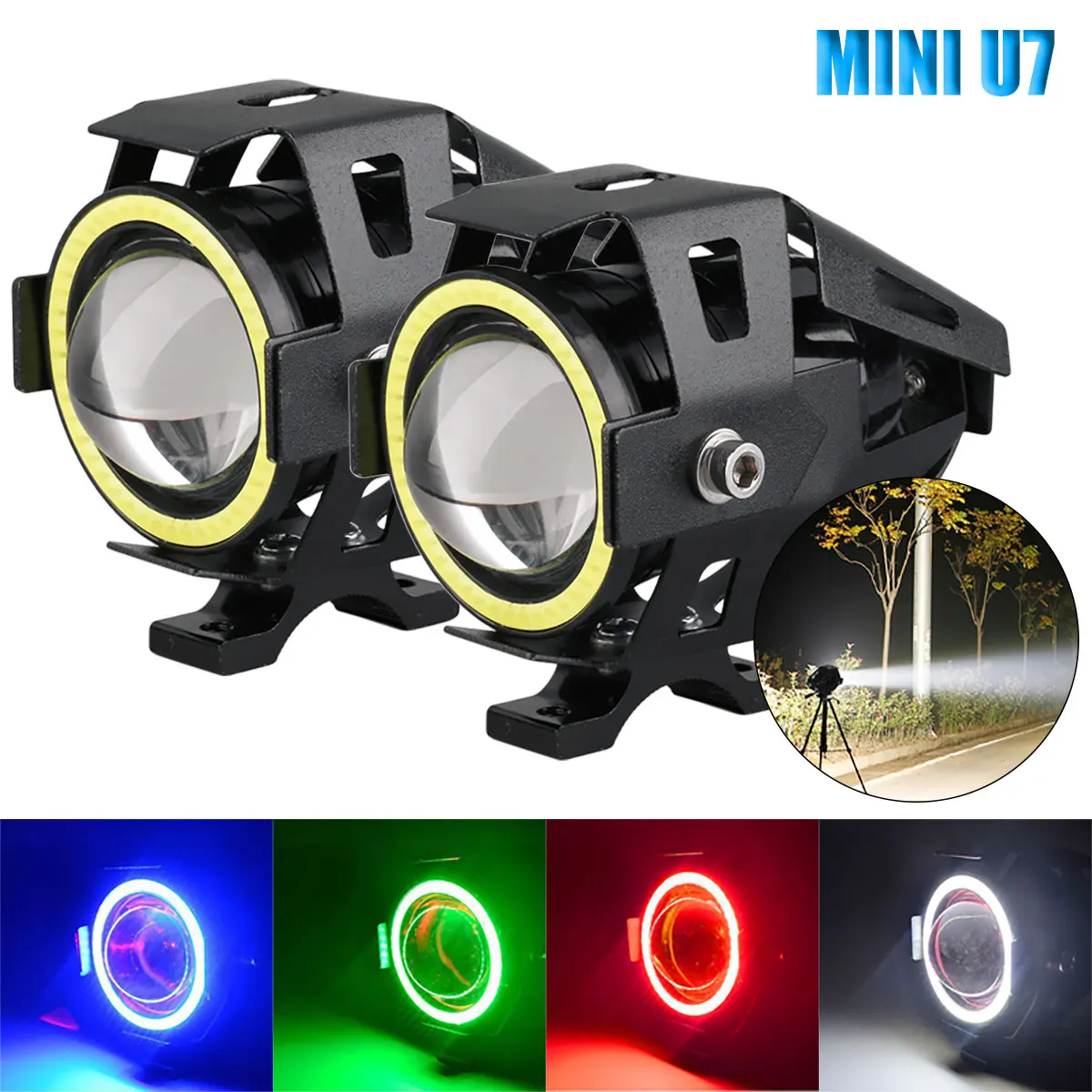 125W LED Auxiliary Motorcycle Headlight Universal 1200LM Angel Eyes U7 Mini Motorcycle Spotlights Bicycle Lamp Accessories