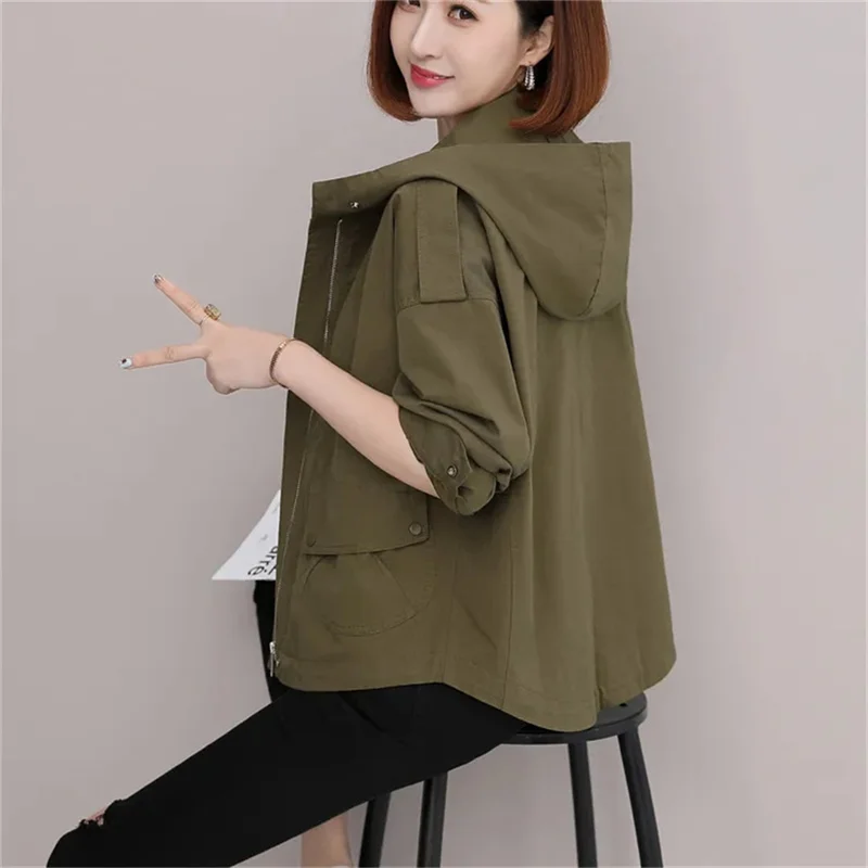 4XL Windbreaker Women Spring And Autumn 2023 New Hooded Korean version of Loose Short Hooded Coat Silm Casual Pocket Coat Female