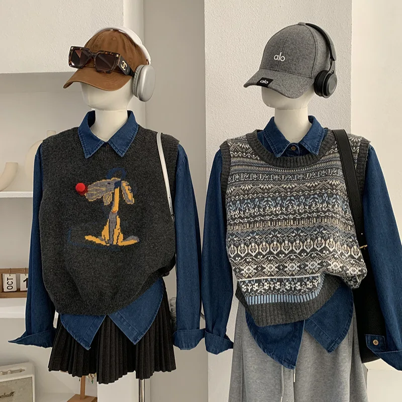 オウムデニム イルト＆ニットベストセット シングルボタン ロングスリーブ カジュアルウェア ラウンドネック シングルレイヤリングトップ レディースファッション