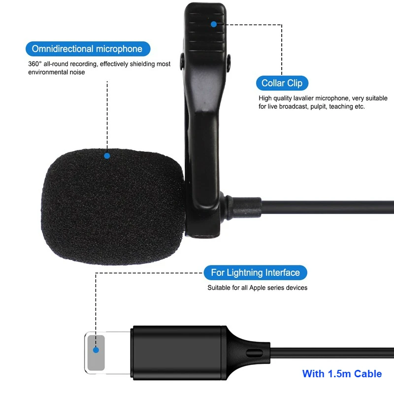 Mini Microphone for iPhone Lightning Type C 3.5mm Microfone for Samsung Huawei Xiaomi Lavalier Clip-on Recording Microfonoe