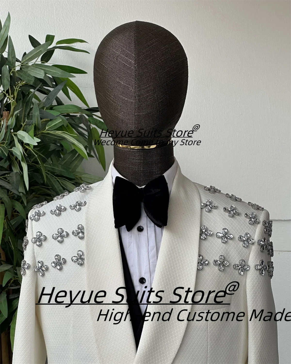 Luxuly Beads Jacquard Fashion Men Suits Customized Slim Fit Shawl Lapel Groom Wedding Tuxedos 2 Pieces Sets Male Prom Blazers