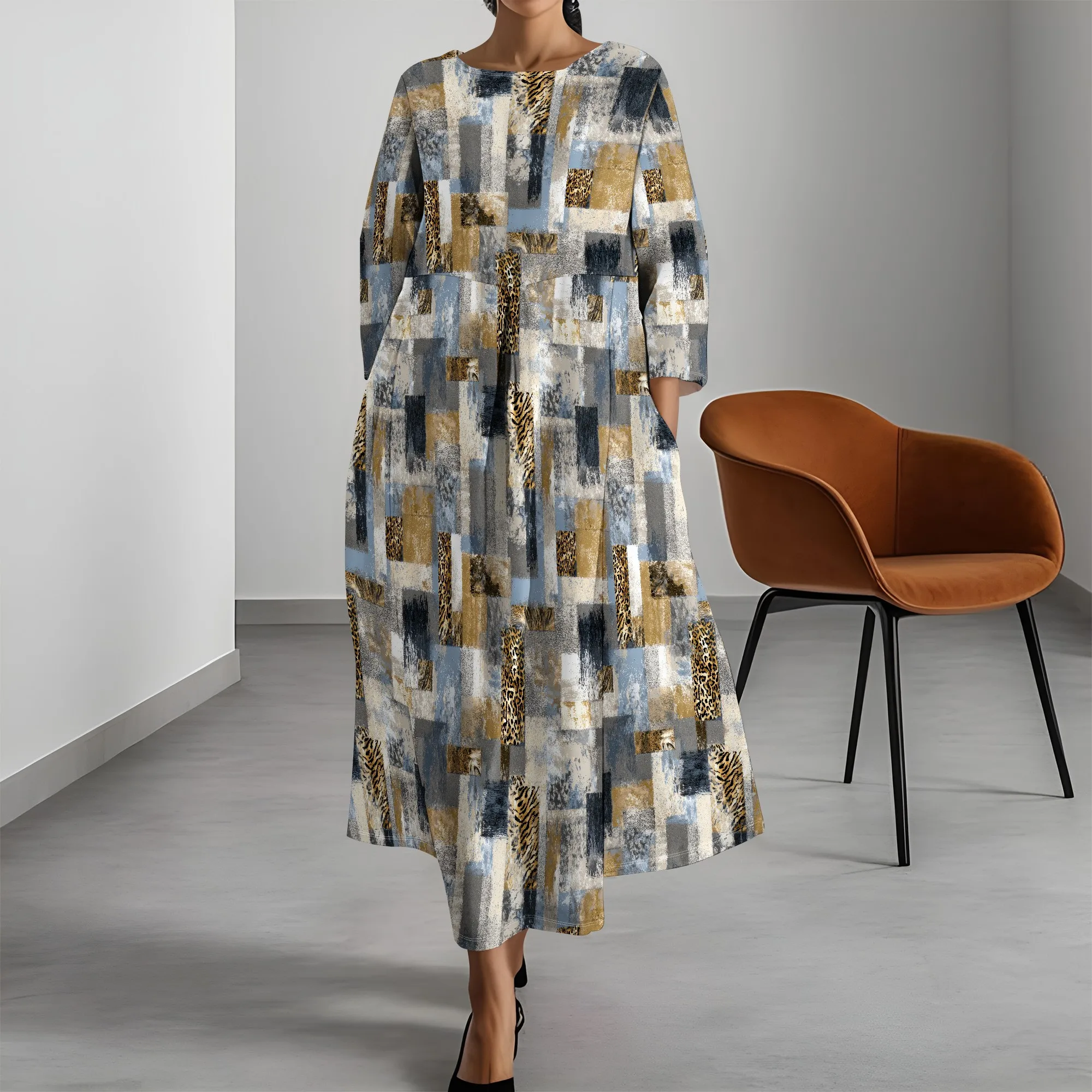 สตรีฤดูใบไม้ร่วงลําลอง 3/4 Sleeve Floral Prirted Maxi Dress Plus ขนาด V คอ Flowy Swing Tunic Shift ชุด 2 กระเป๋า