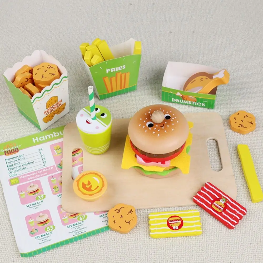 Wooden Playing House Burger Hamburger Sandwich Stacking Game Pretend Play Kitchen Food Exquisite Craftsmanship
