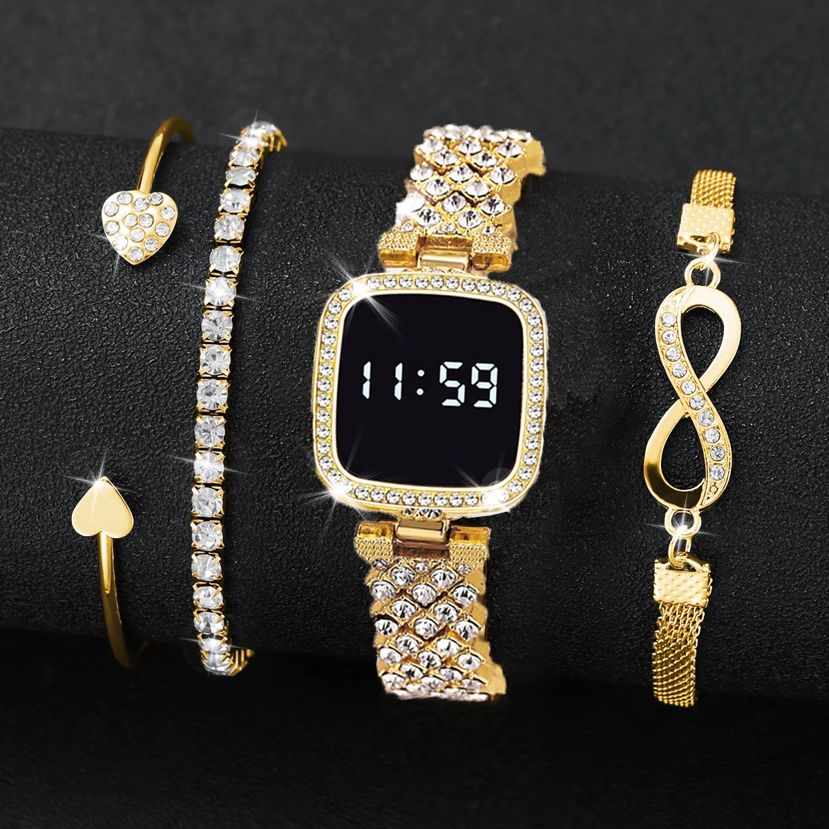 4 قطع/مجموعة ساعات نسائية ذهبية فاخرة وسوار وساعة رقمية، هدية ديكور يومي للعطلات