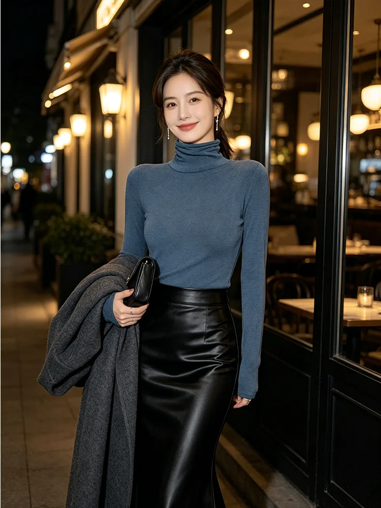 Korean Style Soft Stretch Turtleneck Knit Top Solid Color Slim Long Sleeve Layering Basic Thermal Under Shirt