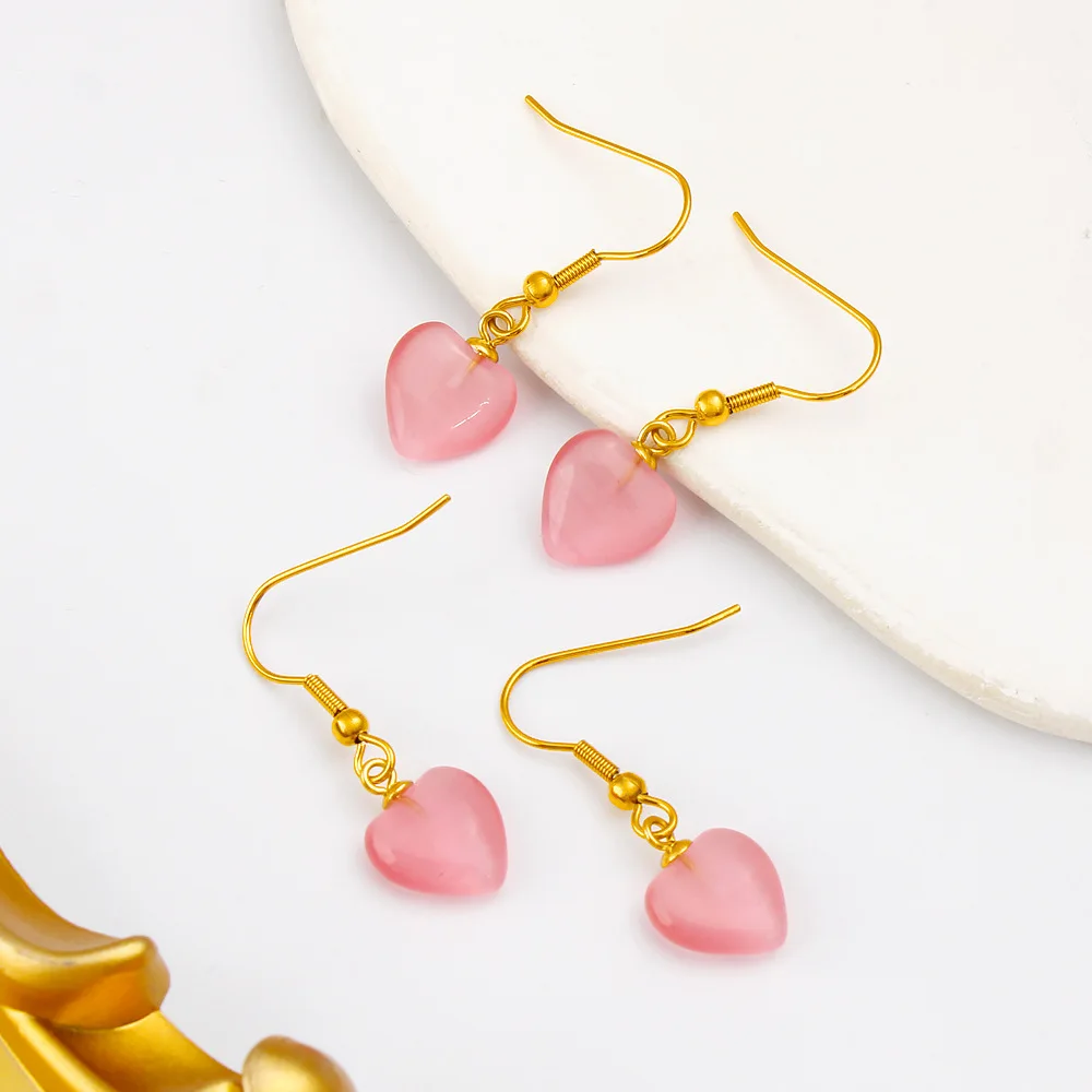 الفرنسية خمر الحجر الطبيعي عين القط قلادة الأقراط مع السنانير على شكل قلب، القلب الخوخ، الأقراط النمط الصيني #5