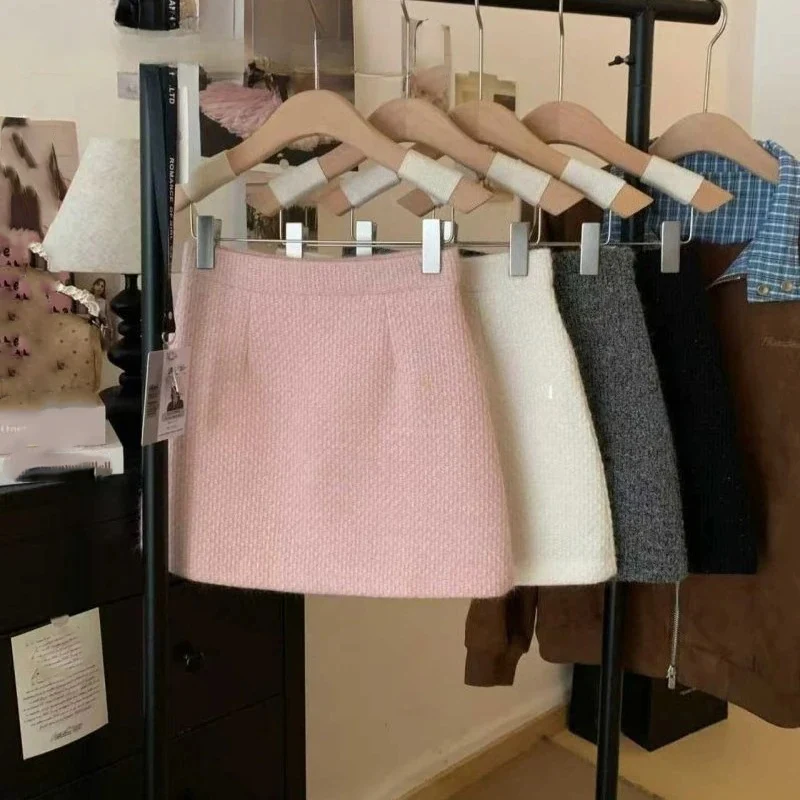 

Шерстяные юбки для женщин, однотонные трапециевидные милые с высокой талией Faldas Mujer, осень-зима, корейская мода, элегантная мини-юбка