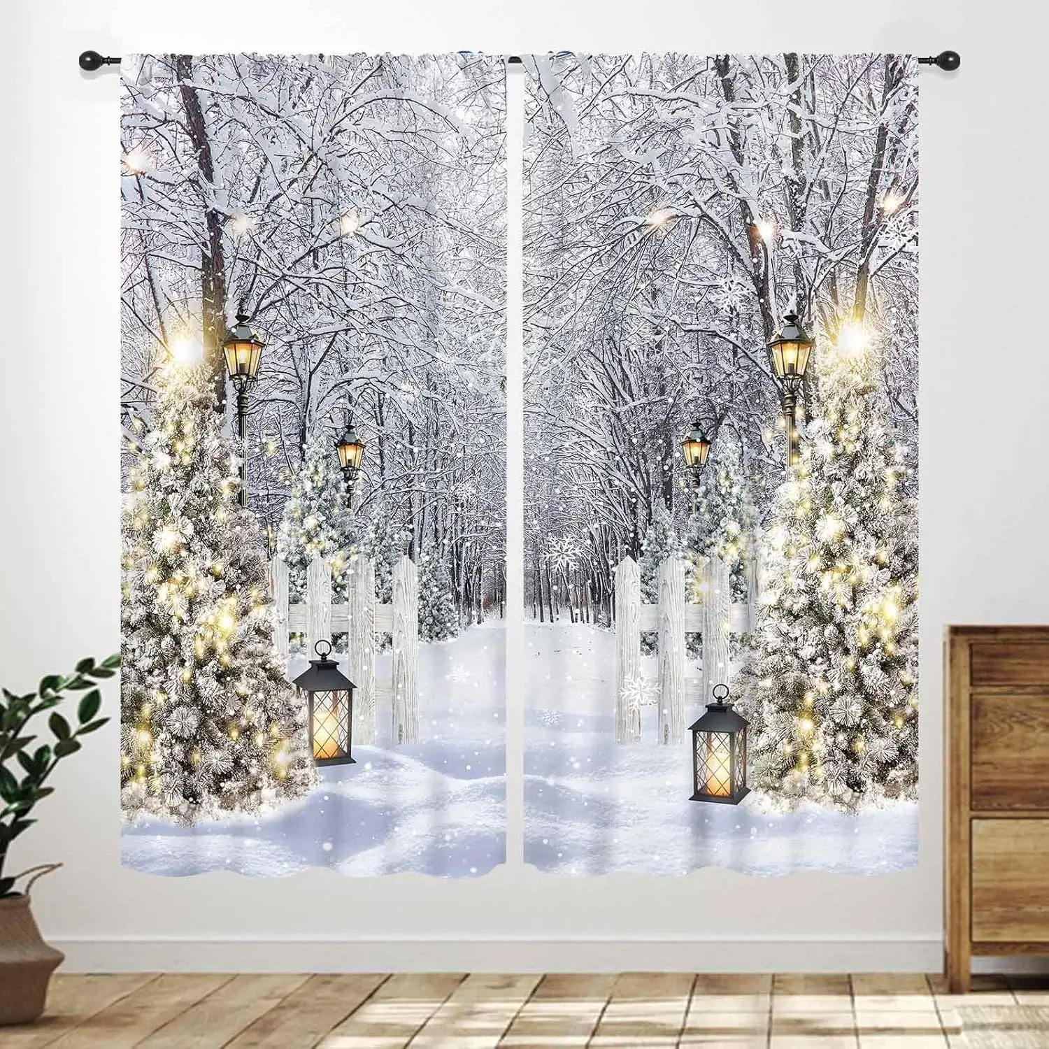 Winter Scenery Curtains for Living Room,Christmas Nature Landscape Snowy Forest Pine Tree Snowflake Holiday Home Party Window