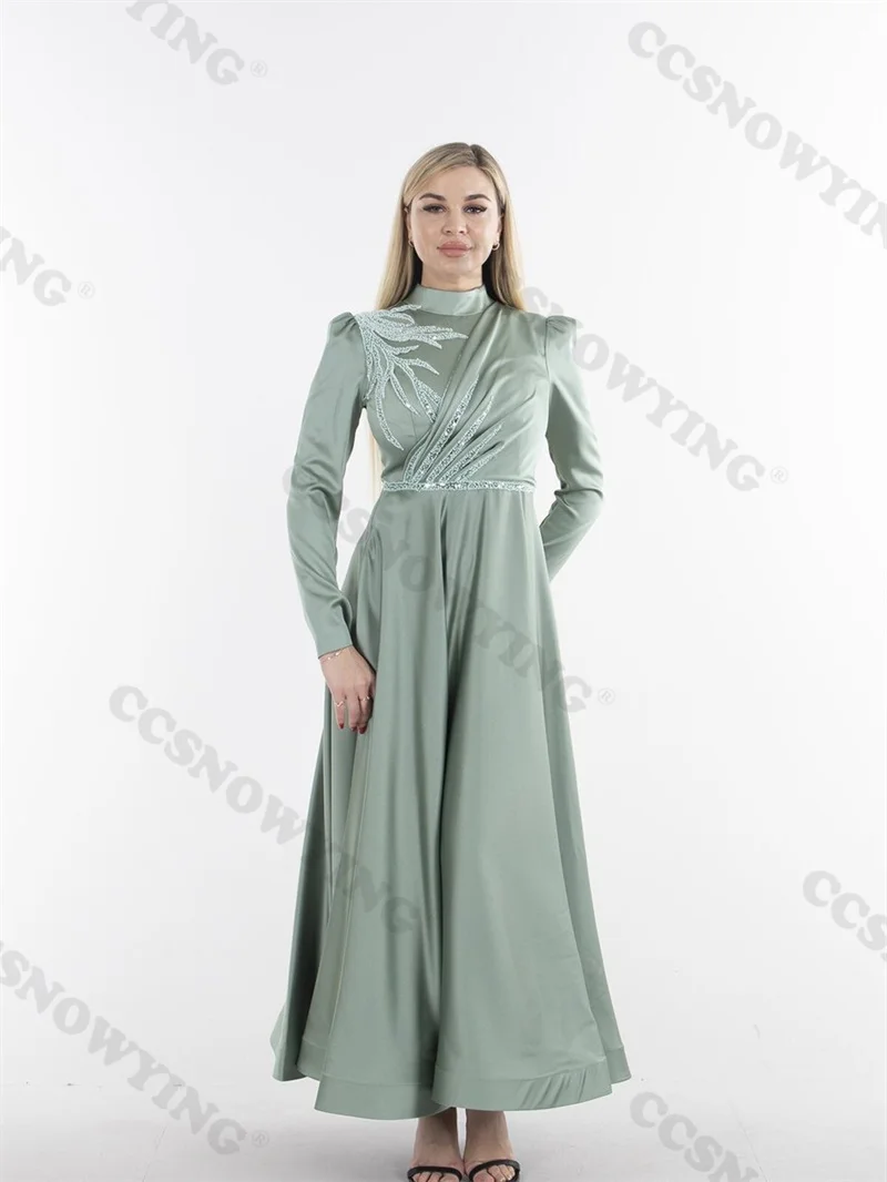 

Elegant Appliques Beaded Muslim Evening Dresses Long Sleeve Islamic Formal Party Gowns High Neck Women Arabic Robes De Soirée