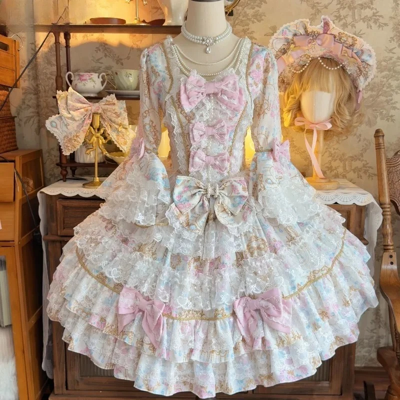 الخريف الشتاء الأصلي أنيقة لوليتا فستان الحلو مقوس دانتيل بأكمام طويلة فستان الزفاف الرجعية فيكتوريا الأميرة توتو فستان امرأة #1