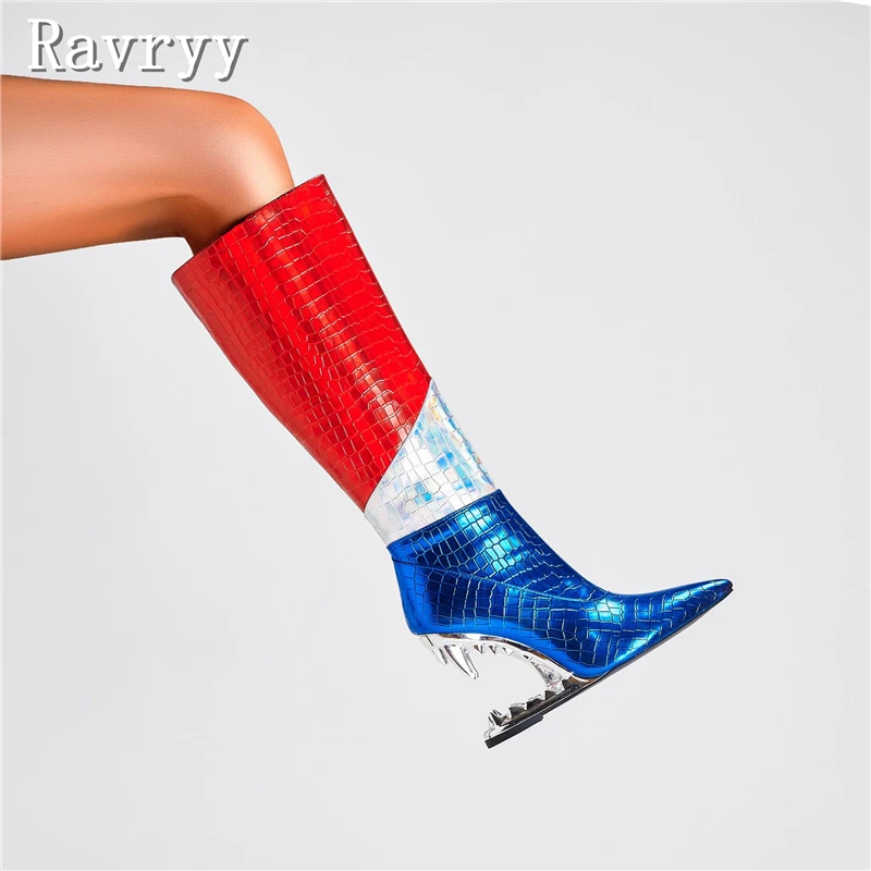 

Women Color Block Pointed Toe Metal Tooth High Heel Boots Designer New Red Silver Blue Patchwork Slip-On Knee High Boots