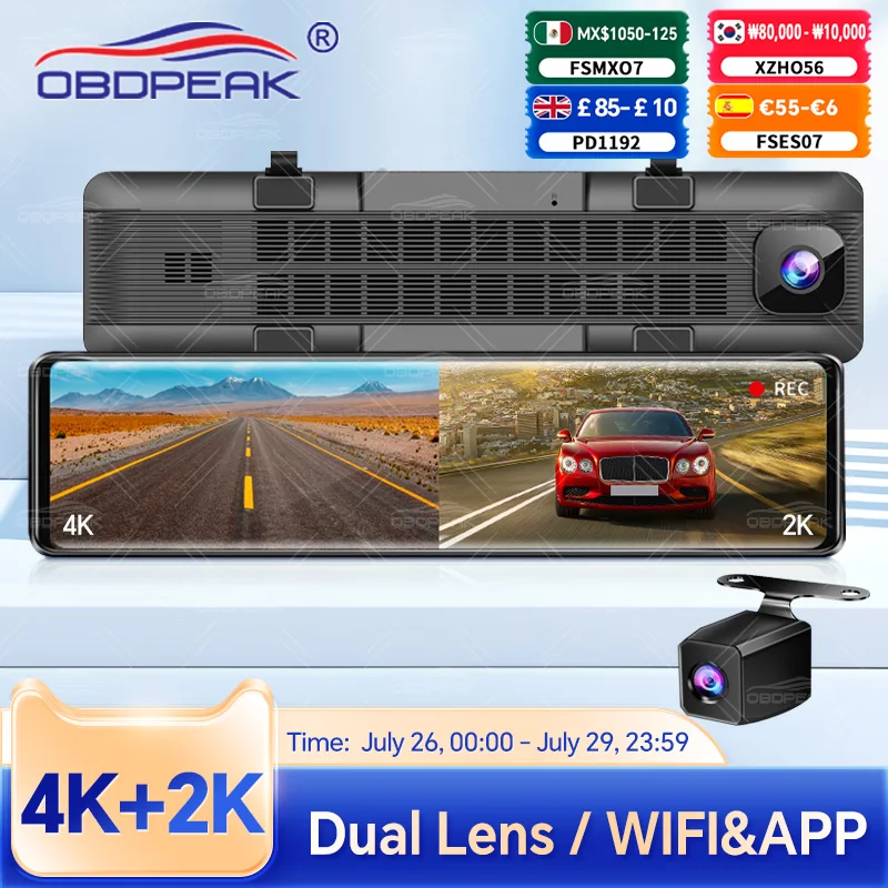 Caméra embarquée OBDPEAK H8 4K + 2K avec GPS et Wi-Fi, enregistreur vidéo 4K avant et rétroviseur 2K arrière, DVR de voiture