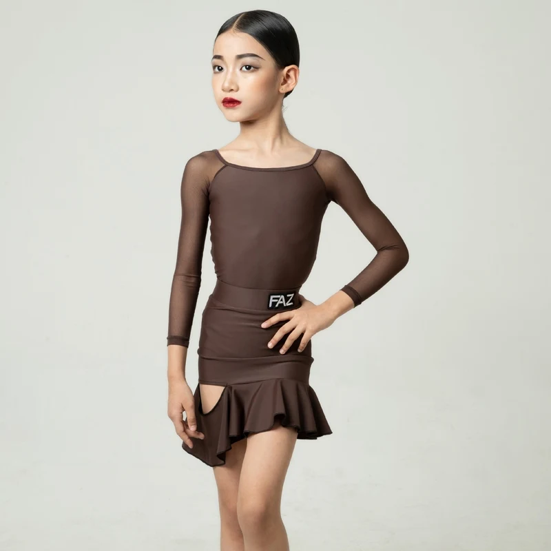 Kind Latin Dance Kleidung Mädchen Leistung Kleid Braun Langarm Tanz Anzug Cha Cha Rumba Bühne Tragen Praxis Kleidung AMY1635