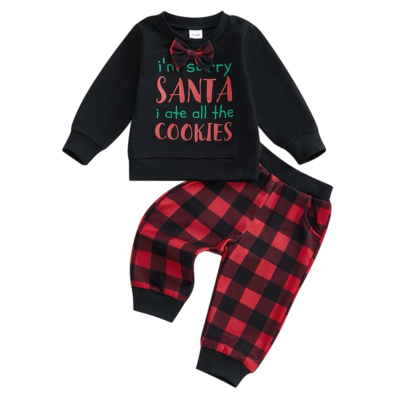 

Kids Baby Boy Gentlemen Suits Christmas Clothes Outfits Bow Tie Long Sleeve Letter Print Sweatshirts Plaid Pants 2Pieces Sets