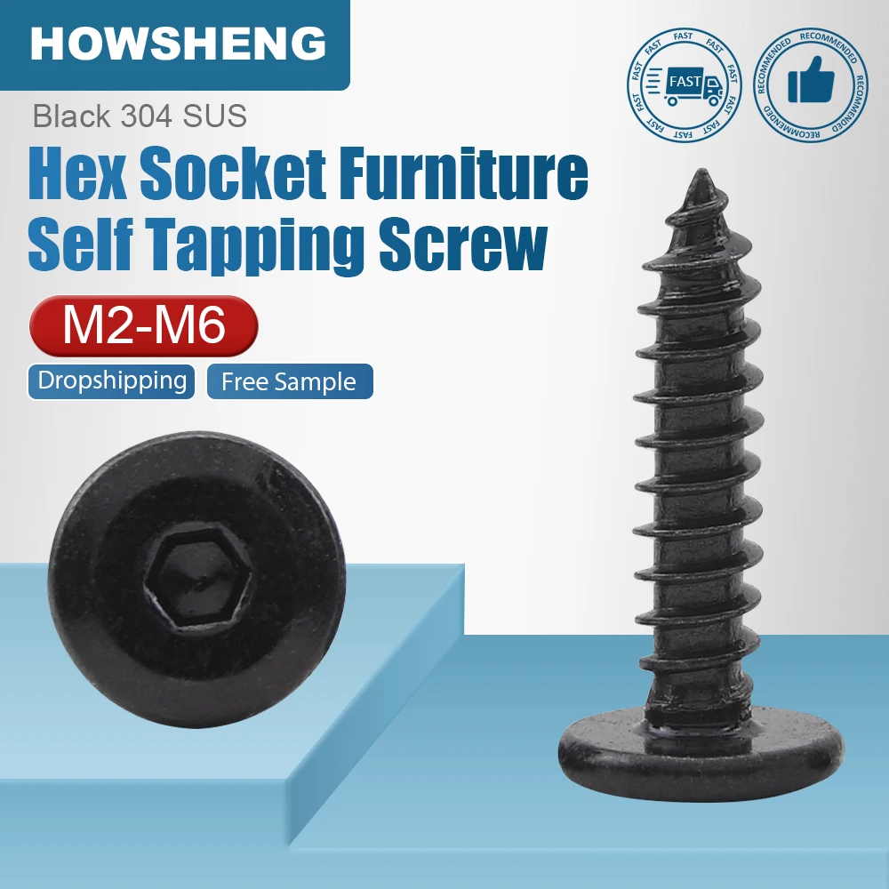 HOWSHENG 10-50pcs 304 Stainless Steel Hex Socket Flat Head Bolts Black Plated Allen Furniture Self Tapping Screws M2 M3 M4 M5 M6