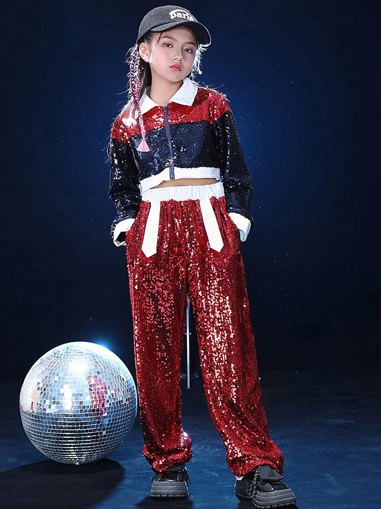 Vêtements de danse K-pop modernes pour filles, vêtements de scène imbibés, costume de performance de danse jazz, pantalon à paillettes rouges, court, Y-Kids, Hip Hop