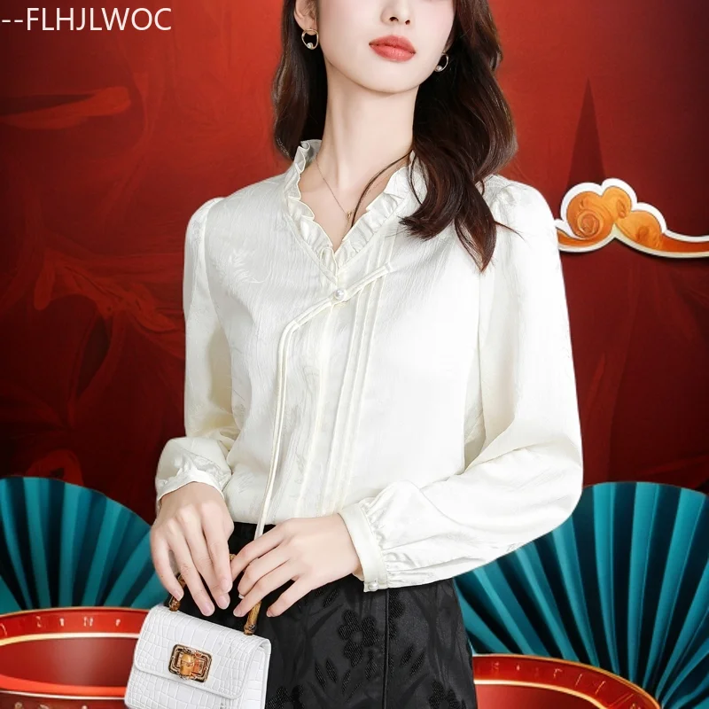 

Hot Chinese Style Chi-pao Collar Design Vintage Tops New Year 2026 Spring Women Office Lady Elegant Retro White Shirt Blouse